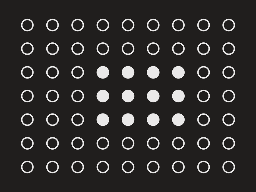 A field of outlined circles with one solid batch at its centre